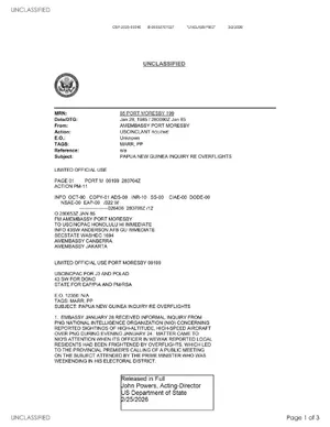 State Department UAP Cable 1, Papua New Guinea, January 28, 1985